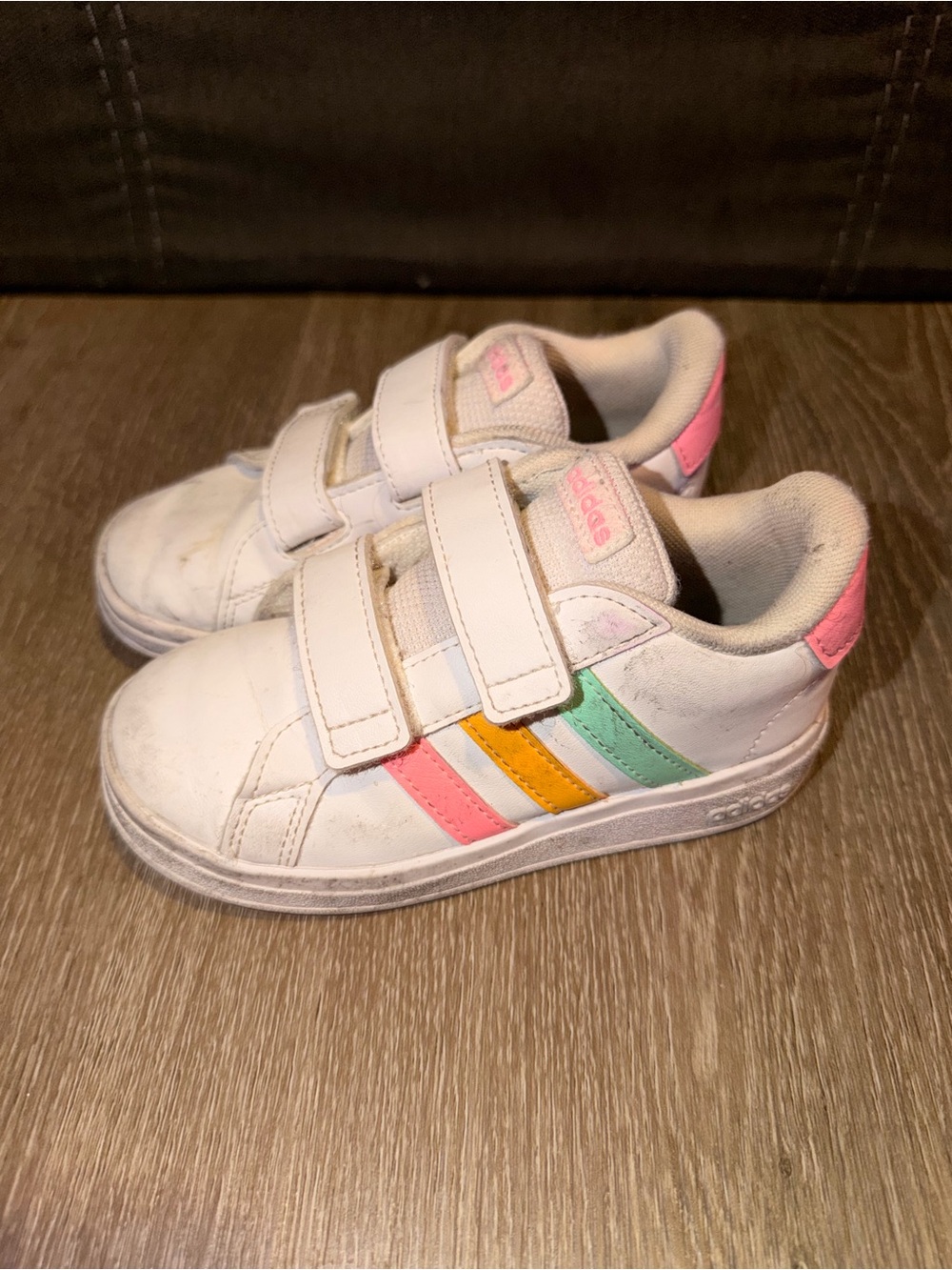 Adidas Girls’ White Sneakers with Rainbow Stripes – Size 9